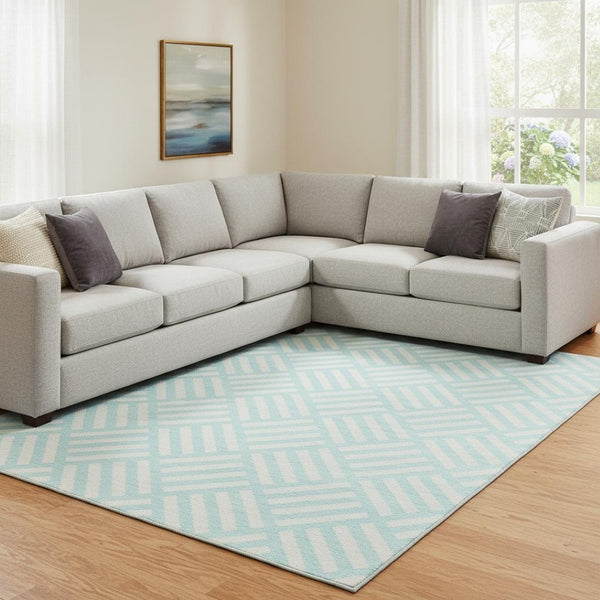 HomeRoots 8' X 10' Aqua & Ivory Geometric Area Rug - Washable, UV Protected, Durable, Family-Friendly Design 652321