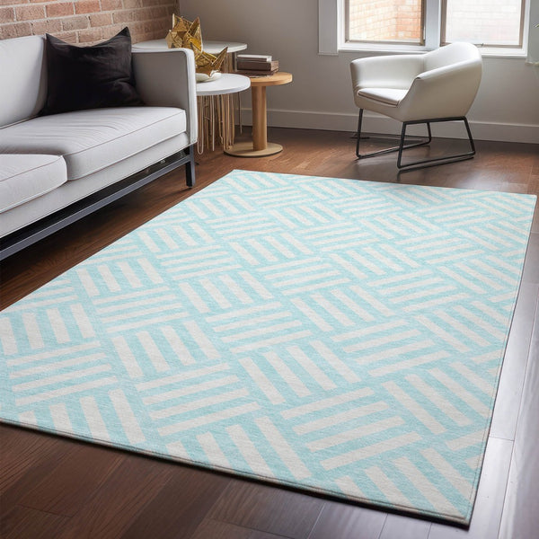 HomeRoots 8' X 10' Aqua & Ivory Geometric Area Rug - Washable, UV Protected, Durable, Family-Friendly Design 652321