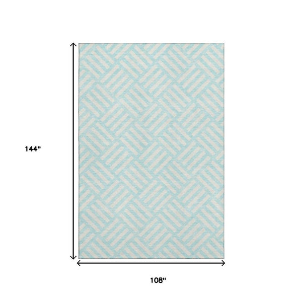 HomeRoots 9' X 12' Aqua & Ivory Geometric Area Rug - Washable, UV-Protected, Soft & Durable for Any Space 652322