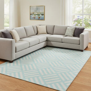 HomeRoots 9' X 12' Aqua & Ivory Geometric Area Rug - Washable, UV-Protected, Soft & Durable for Any Space 652322