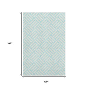 HomeRoots 10' Aqua and Ivory Geometric Area Rug - Durable, Washable, UV-Protected for High-Traffic Spaces 652323