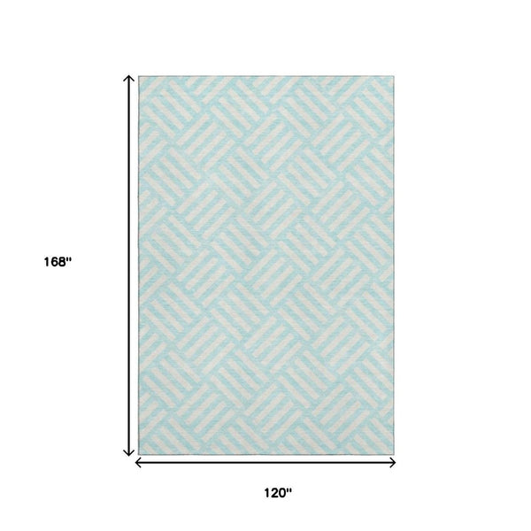 HomeRoots 10' Aqua and Ivory Geometric Area Rug - Durable, Washable, UV-Protected for High-Traffic Spaces 652323
