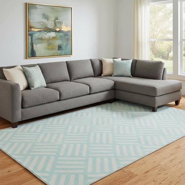 HomeRoots 10' Aqua and Ivory Geometric Area Rug - Durable, Washable, UV-Protected for High-Traffic Spaces 652323