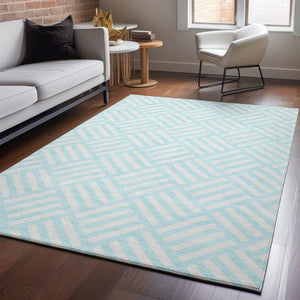 HomeRoots 10' Aqua and Ivory Geometric Area Rug - Durable, Washable, UV-Protected for High-Traffic Spaces 652323