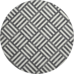 HomeRoots 8' Black And Ivory Geometric Round Rug - Washable, UV-Protected, Durable Design for Family Spaces 652326