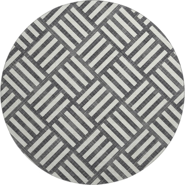 HomeRoots 8' Black And Ivory Geometric Round Rug - Washable, UV-Protected, Durable Design for Family Spaces 652326