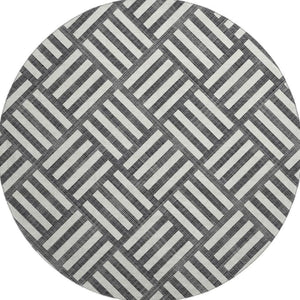 HomeRoots 8' Black And Ivory Geometric Round Rug - Washable, UV-Protected, Durable Design for Family Spaces 652326