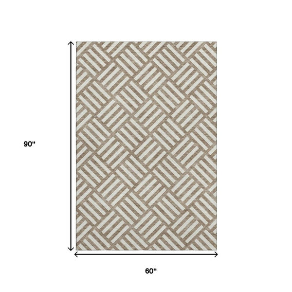 HomeRoots 5' X 8' Brown and Ivory Geometric Area Rug - Durable, Stain-Resistant, UV Protected for Modern Homes 652331