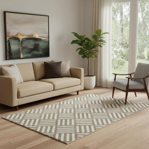 HomeRoots 5' X 8' Brown and Ivory Geometric Area Rug - Durable, Stain-Resistant, UV Protected for Modern Homes 652331
