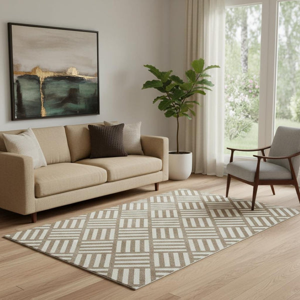 HomeRoots 5' X 8' Brown and Ivory Geometric Area Rug - Durable, Stain-Resistant, UV Protected for Modern Homes 652331