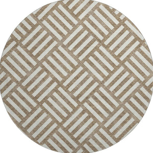 HomeRoots 8' Brown and Ivory Geometric Round Rug – Stylish, Washable, UV-Protected, Perfect for High-Traffic Areas! 652332