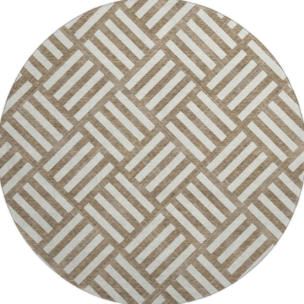 HomeRoots 8' Brown and Ivory Geometric Round Rug – Stylish, Washable, UV-Protected, Perfect for High-Traffic Areas! 652332