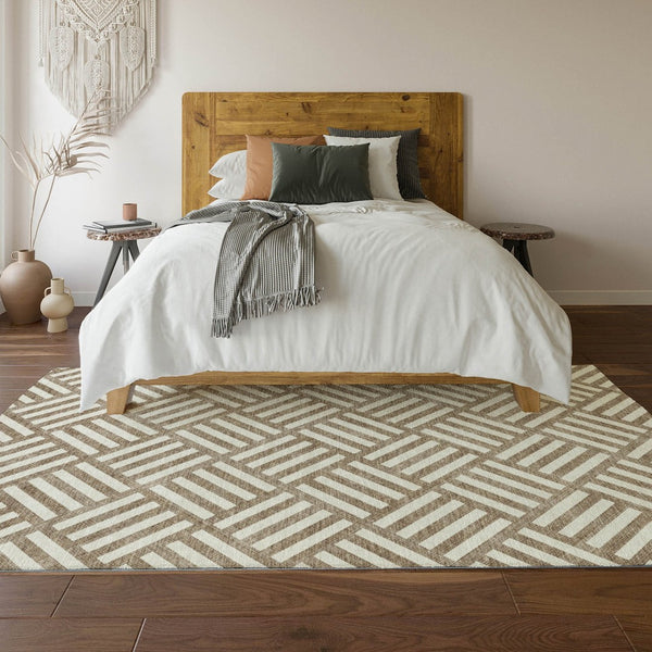 HomeRoots 8' X 10' Brown And Ivory Geometric Area Rug – Stylish, Washable, UV-Protected for High-Traffic Spaces 652333