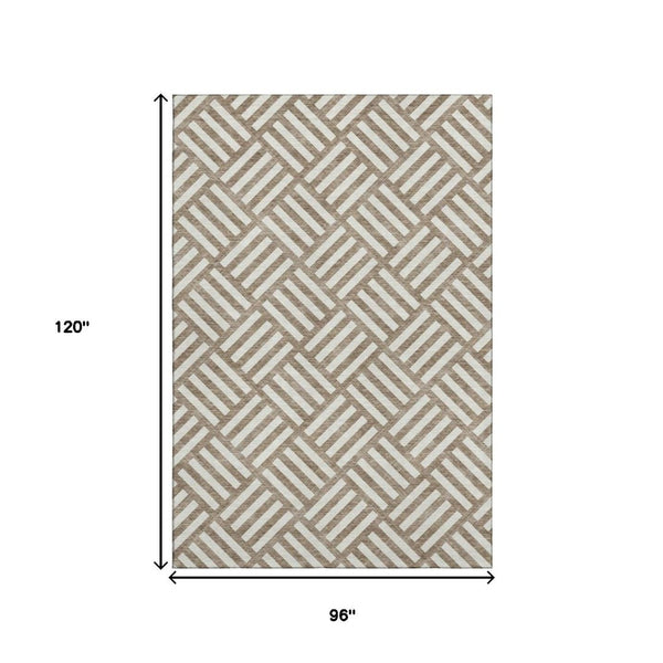 HomeRoots 8' X 10' Brown And Ivory Geometric Area Rug – Stylish, Washable, UV-Protected for High-Traffic Spaces 652333