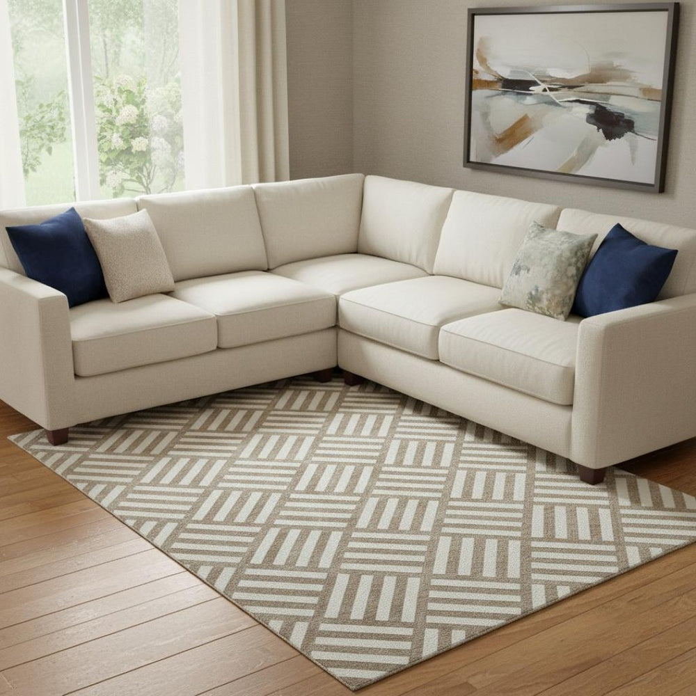 HomeRoots 9' x 12' Brown and Ivory Geometric Washable Area Rug - Durable, UV-Protected, Modern Style for Homes 652334