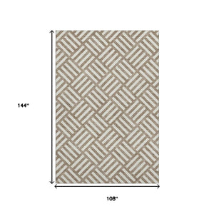 HomeRoots 9' x 12' Brown and Ivory Geometric Washable Area Rug - Durable, UV-Protected, Modern Style for Homes 652334