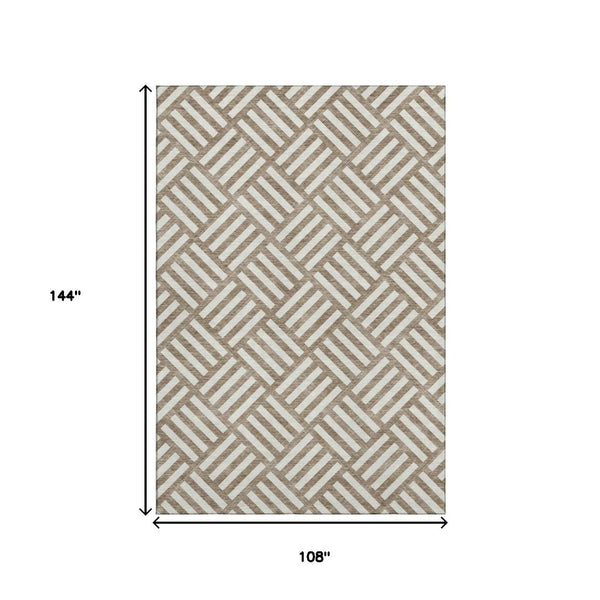 HomeRoots 9' x 12' Brown and Ivory Geometric Washable Area Rug - Durable, UV-Protected, Modern Style for Homes 652334