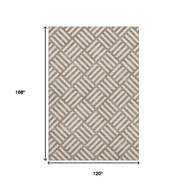 HomeRoots 10' X 14' Brown and Ivory Geometric Area Rug - Washable, UV-Protected, Modern Design for Active Homes 652335