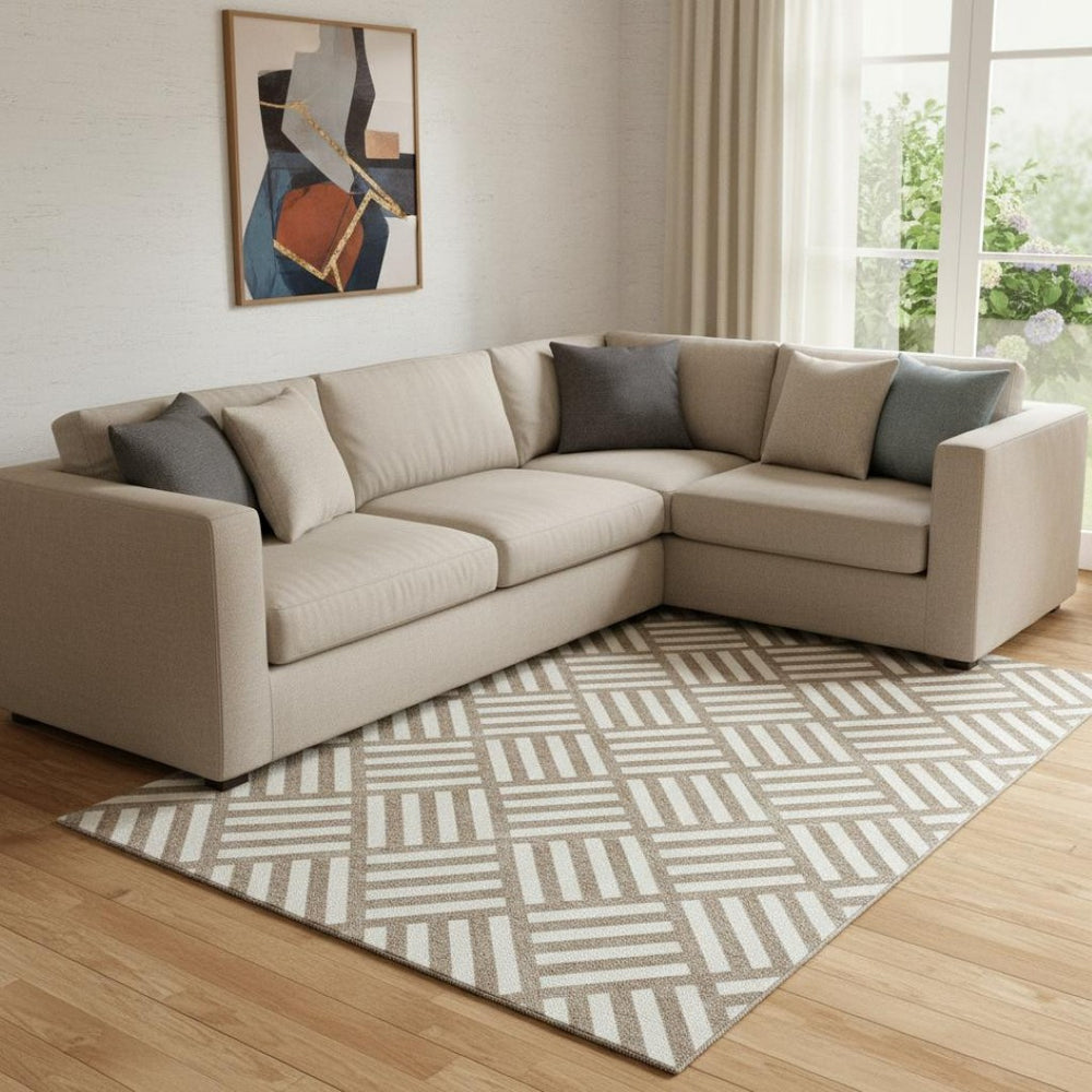 HomeRoots 10' X 14' Brown and Ivory Geometric Area Rug - Washable, UV-Protected, Modern Design for Active Homes 652335