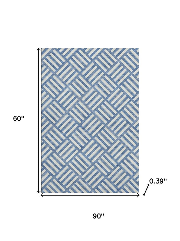 HomeRoots 5' X 8' Blue And Ivory Geometric Area Rug – Stylish, Washable, UV-Protected for Busy Homes & Pets! 652337