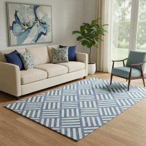 HomeRoots 5' X 8' Blue And Ivory Geometric Area Rug – Stylish, Washable, UV-Protected for Busy Homes & Pets! 652337