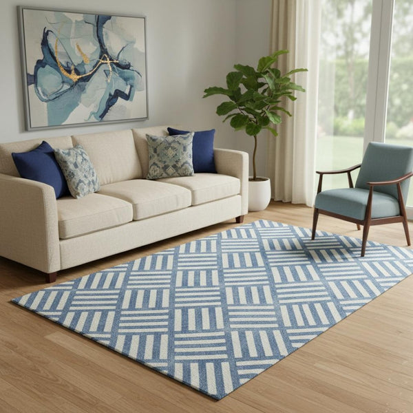 HomeRoots 5' X 8' Blue And Ivory Geometric Area Rug – Stylish, Washable, UV-Protected for Busy Homes & Pets! 652337