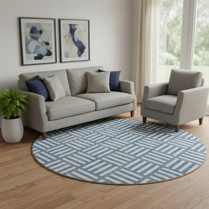 HomeRoots 8' Blue and Ivory Geometric Round Rug - Washable, Stain Resistant, UV Protected for Indoor/Outdoor Use 652338