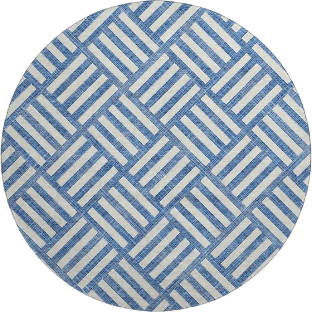 HomeRoots 8' Blue and Ivory Geometric Round Rug - Washable, Stain Resistant, UV Protected for Indoor/Outdoor Use 652338