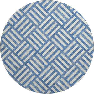 HomeRoots 8' Blue and Ivory Geometric Round Rug - Washable, Stain Resistant, UV Protected for Indoor/Outdoor Use 652338