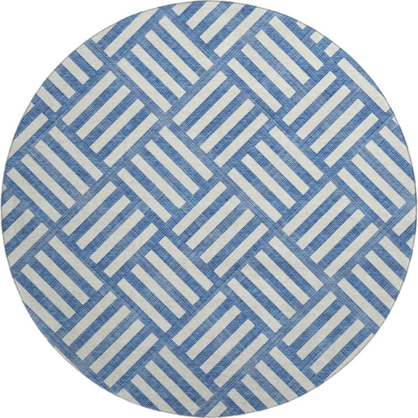 HomeRoots 8' Blue and Ivory Geometric Round Rug - Washable, Stain Resistant, UV Protected for Indoor/Outdoor Use 652338