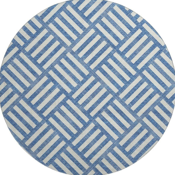 HomeRoots 8' Blue and Ivory Geometric Round Rug - Washable, Stain Resistant, UV Protected for Indoor/Outdoor Use 652338