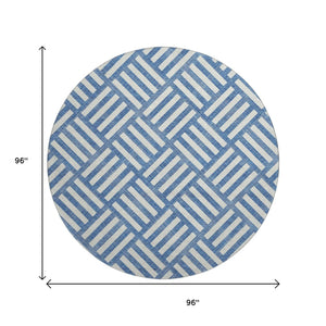 HomeRoots 8' Blue and Ivory Geometric Round Rug - Washable, Stain Resistant, UV Protected for Indoor/Outdoor Use 652338