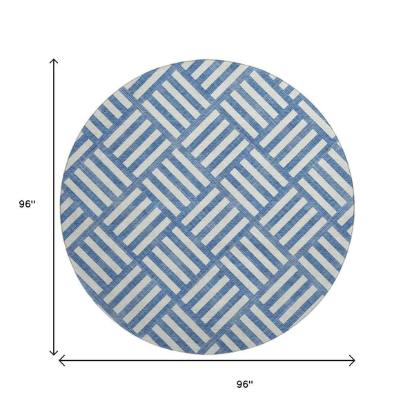 HomeRoots 8' Blue and Ivory Geometric Round Rug - Washable, Stain Resistant, UV Protected for Indoor/Outdoor Use 652338
