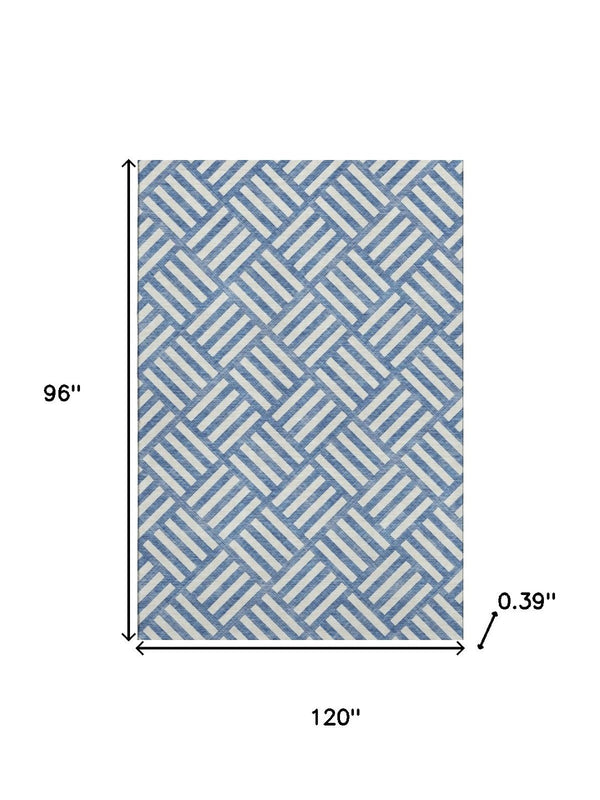 HomeRoots 8' X 10' Blue and Ivory Geometric Washable Area Rug – Durable, Stylish, UV-Protected for Any Space 652339