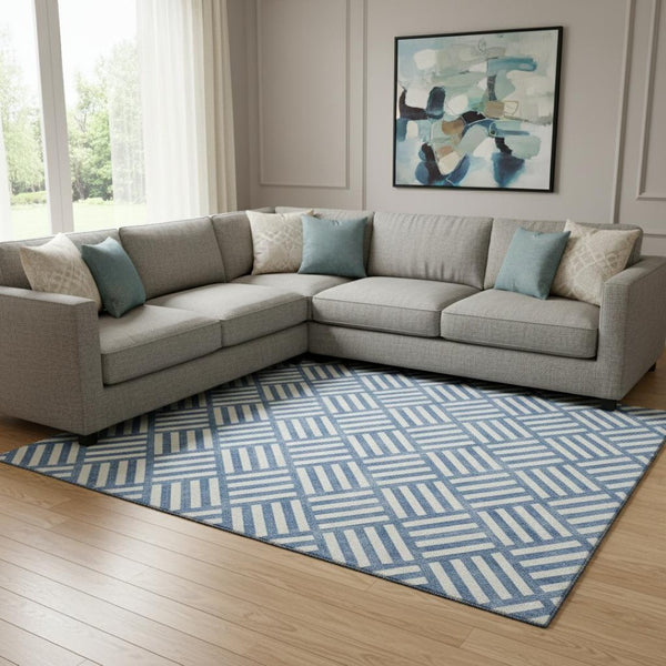 HomeRoots 8' X 10' Blue and Ivory Geometric Washable Area Rug – Durable, Stylish, UV-Protected for Any Space 652339