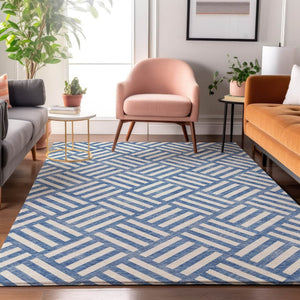 HomeRoots 9' X 12' Blue and Ivory Geometric Washable Area Rug – Durable, Stylish, UV-Protected for Homes & Patios 652340