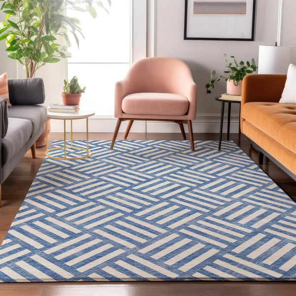 HomeRoots 9' X 12' Blue and Ivory Geometric Washable Area Rug – Durable, Stylish, UV-Protected for Homes & Patios 652340