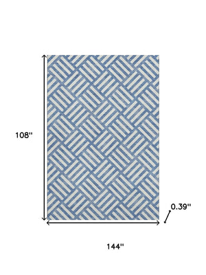 HomeRoots 9' X 12' Blue and Ivory Geometric Washable Area Rug – Durable, Stylish, UV-Protected for Homes & Patios 652340