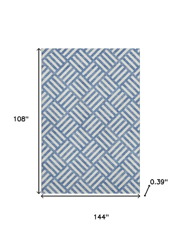 HomeRoots 9' X 12' Blue and Ivory Geometric Washable Area Rug – Durable, Stylish, UV-Protected for Homes & Patios 652340