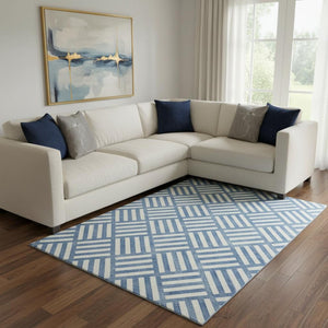 HomeRoots 9' X 12' Blue and Ivory Geometric Washable Area Rug – Durable, Stylish, UV-Protected for Homes & Patios 652340