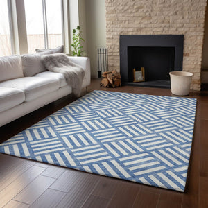 HomeRoots 9' X 12' Blue and Ivory Geometric Washable Area Rug – Durable, Stylish, UV-Protected for Homes & Patios 652340