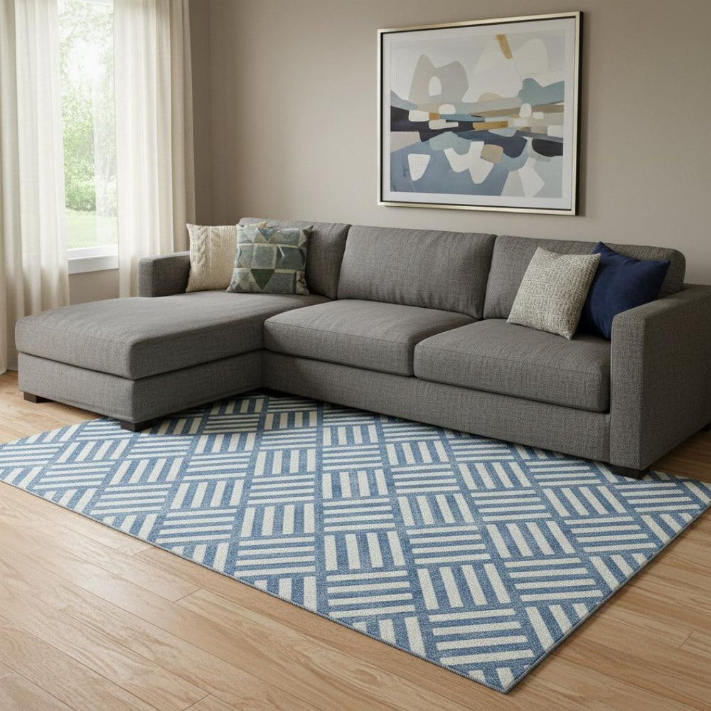 HomeRoots 10' Blue and Ivory Geometric Washable Area Rug with UV Protection - Stylish, Durable & Easy-Care Design 652341