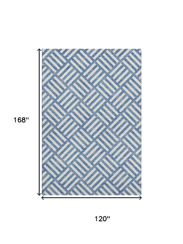 HomeRoots 10' Blue and Ivory Geometric Washable Area Rug with UV Protection - Stylish, Durable & Easy-Care Design 652341