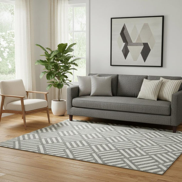 HomeRoots 5' X 8' Charcoal and Ivory Geometric Area Rug - Washable, Stain-Resistant, UV-Protected Elegance! 652343