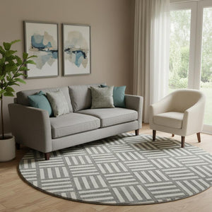 HomeRoots 8' Charcoal and Ivory Geometric Round Rug - Washable, UV Protected, Stylish, Family-Friendly Decor 652344