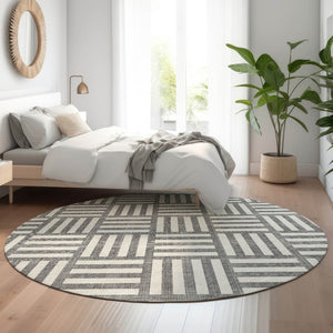 HomeRoots 8' Charcoal and Ivory Geometric Round Rug - Washable, UV Protected, Stylish, Family-Friendly Decor 652344