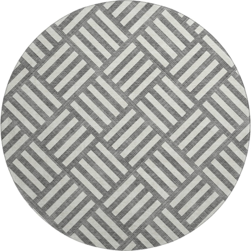 HomeRoots 8' Charcoal and Ivory Geometric Round Rug - Washable, UV Protected, Stylish, Family-Friendly Decor 652344