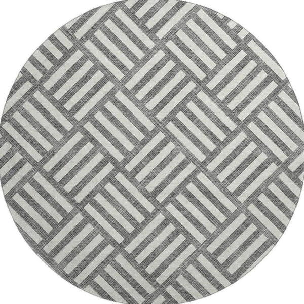 HomeRoots 8' Charcoal and Ivory Geometric Round Rug - Washable, UV Protected, Stylish, Family-Friendly Decor 652344