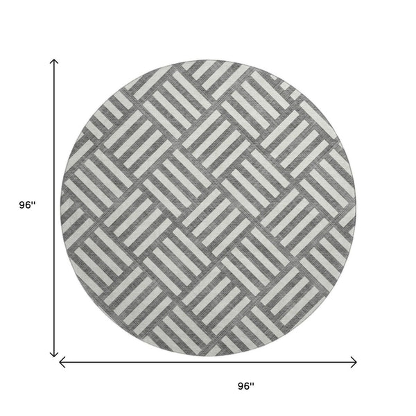 HomeRoots 8' Charcoal and Ivory Geometric Round Rug - Washable, UV Protected, Stylish, Family-Friendly Decor 652344