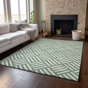 HomeRoots 5' X 8' Geometric Area Rug in Green & Ivory - Washable, UV Protected, Soft & Durable for High-Traffic Areas 652349